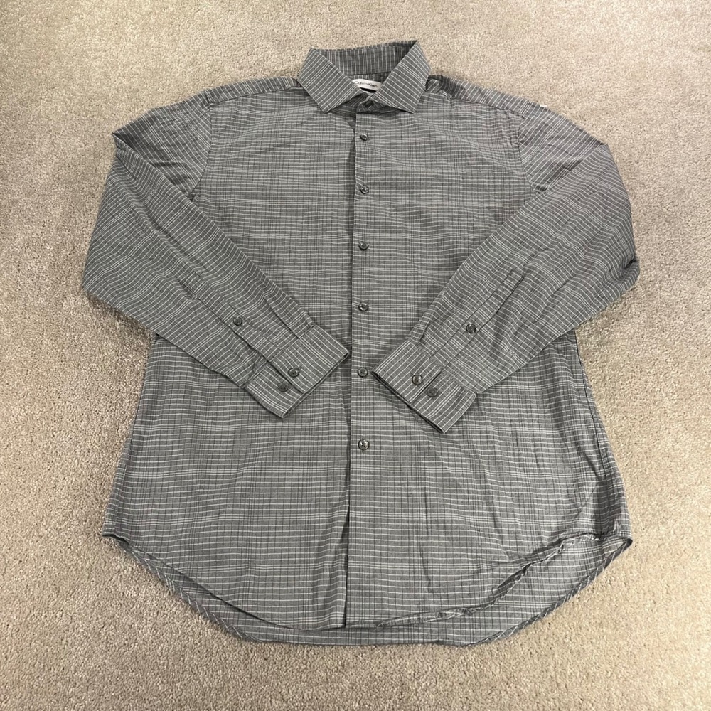 Calvin Klein Button Down Shirt Mens 16 32/33 L Grey Slim‎ Fit Stretch Grid